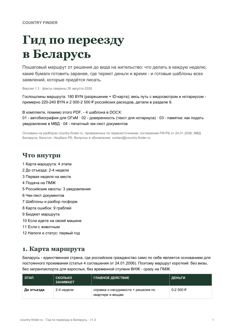 Гид по переезду в Беларусь: обложка и оглавление