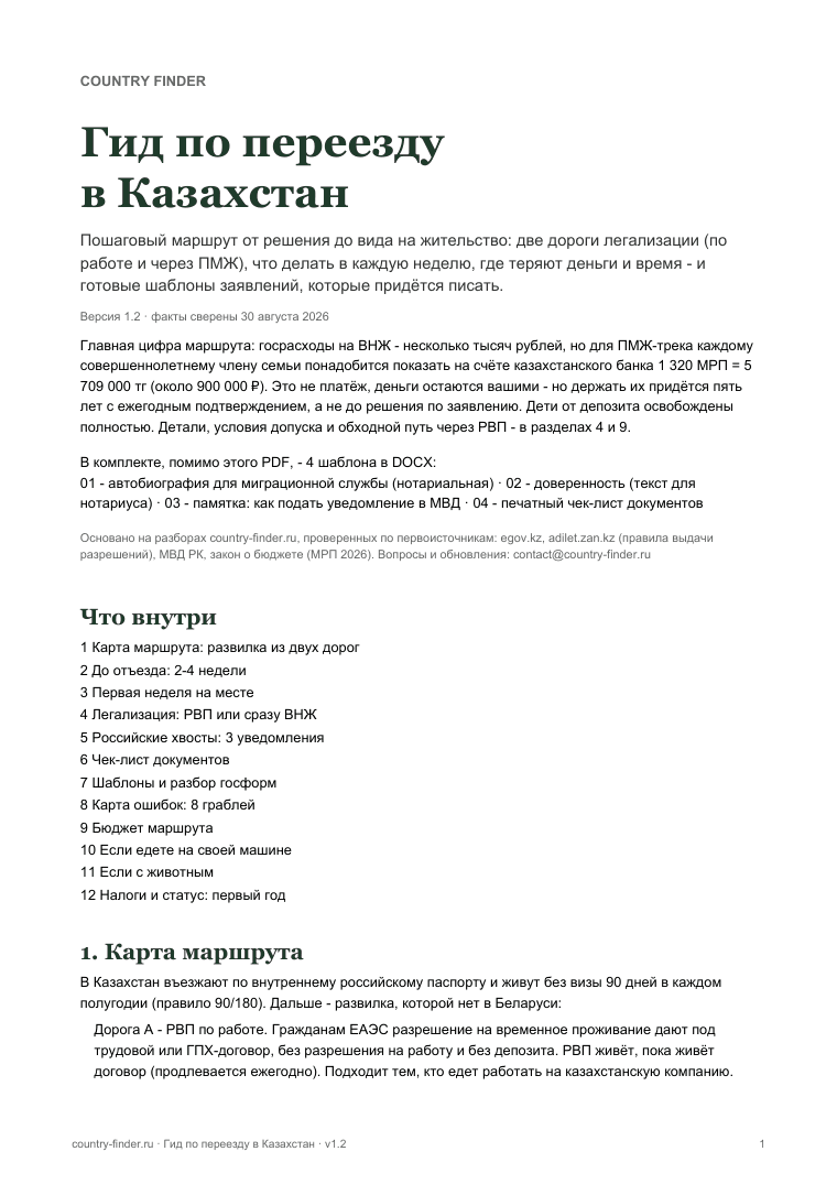 Гид по переезду в Казахстан: обложка и оглавление